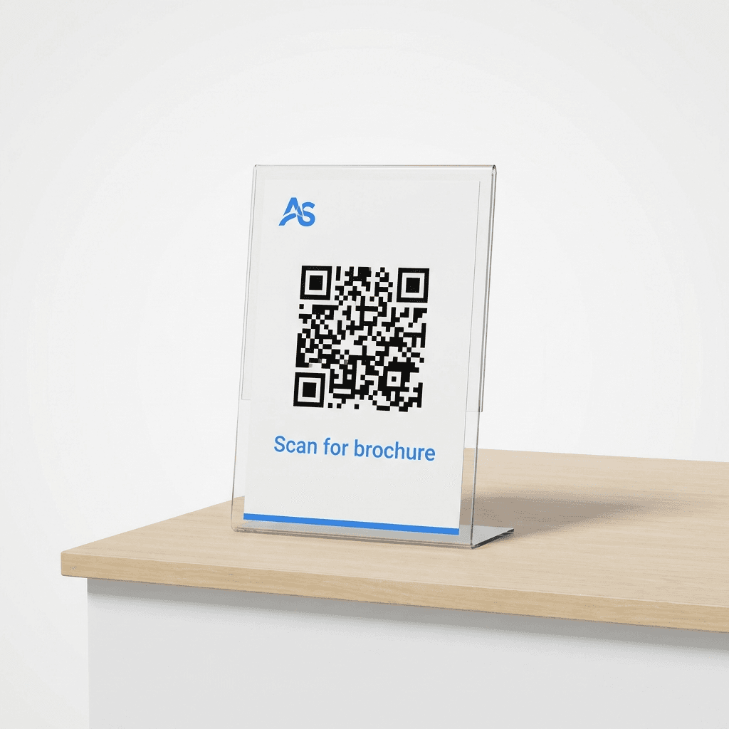 Acrylic QR table stand — Scan for brochure