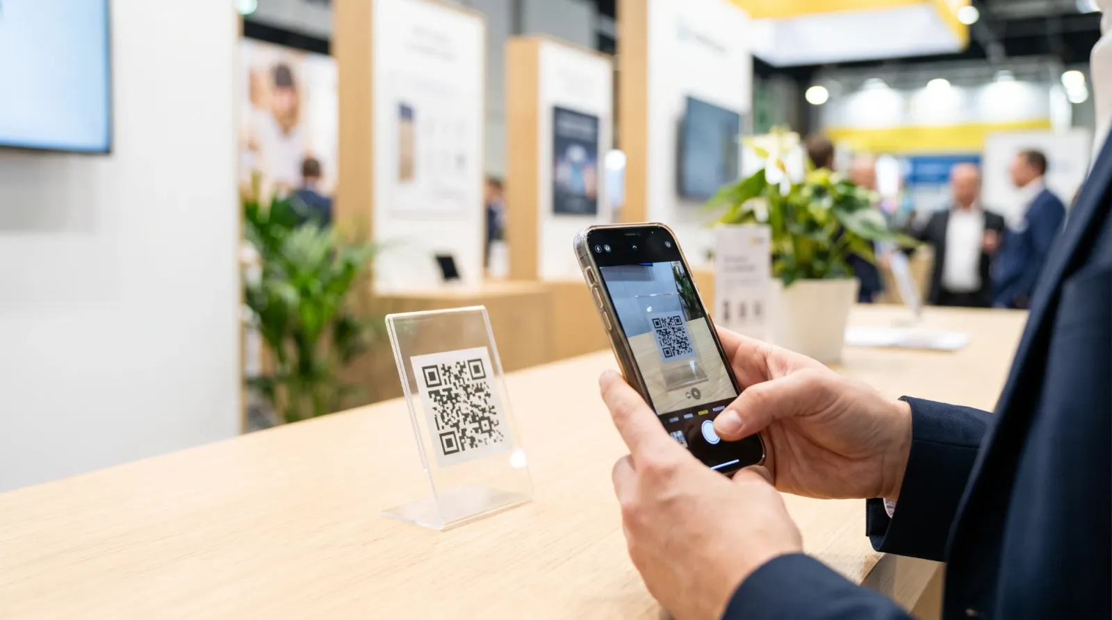 부스 테이블의 QR 스탠드를 스마트폰으로 스캔하는 방문객