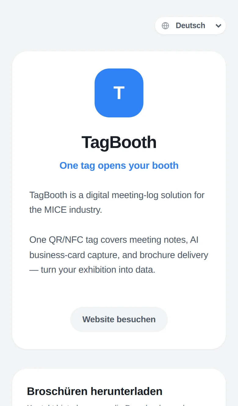 Die TagBooth-Besucherseite, geöffnet über einen Stand-Tag, mit Unternehmensvorstellung und Broschüren-Download