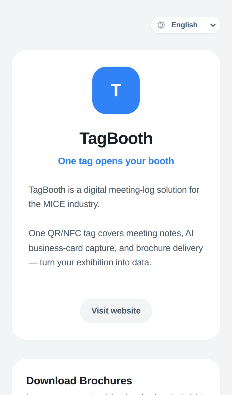 The TagBooth visitor page opened from a booth tag, with company intro and brochure download