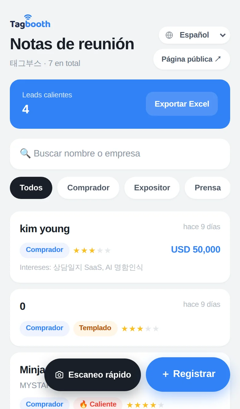 La app de stand de TagBooth: notas de reunión con temperatura del lead y captura con un toque