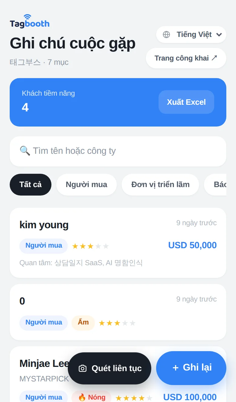 Ứng dụng gian hàng TagBooth: ghi chú cuộc gặp với nhiệt độ lead và ghi nhận bằng một chạm