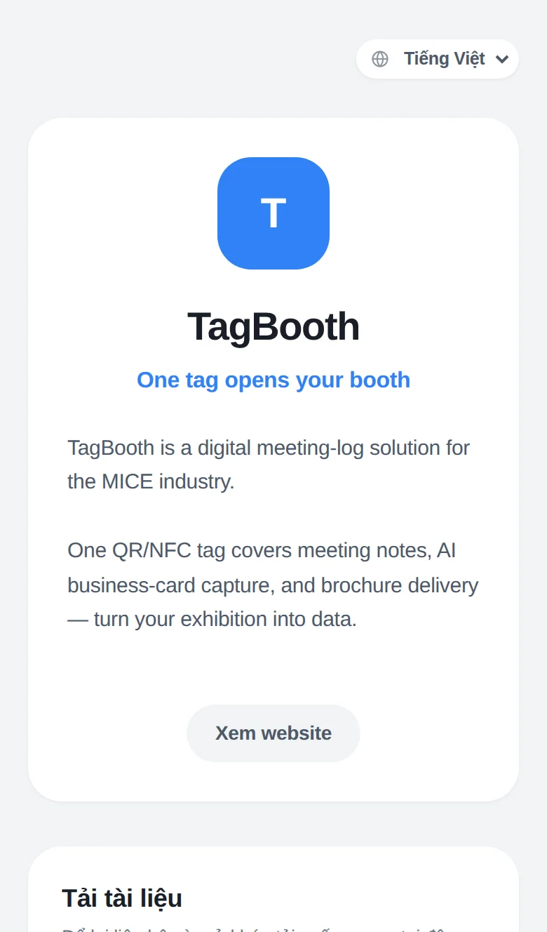Trang dành cho khách tham quan của TagBooth mở từ tag gian hàng, với phần giới thiệu công ty và tải brochure